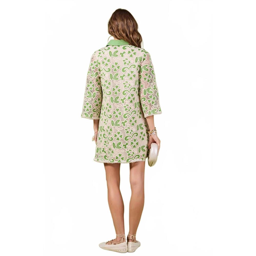 English Factory Green and Cream Floral Lace Long Sleeve Dress - Picture 3 of 6